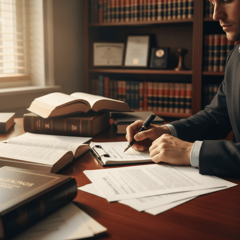 Escritorio de abogado con documentos legales y vista profesional de oficina jurídica