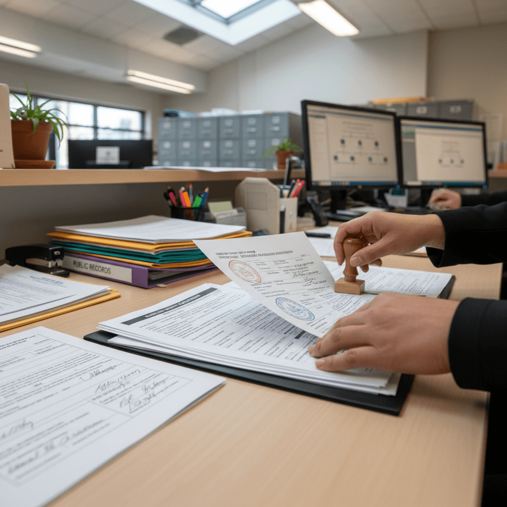 Hands processing official municipal documents and permits at administrative office desk with stamps and forms