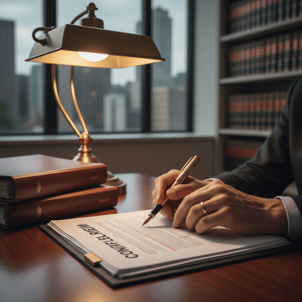 Oficina moderna de despacho jurídico con escritorio de madera, documentos legales y ambiente profesional