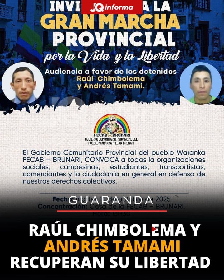 Afiche con fotos de Raúl Chimbolema y Andrés Tamami convocando a marcha provincial en Guaranda.
