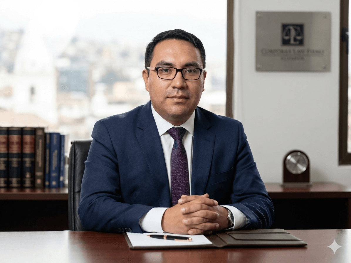 Hombre con traje azul y gafas sentado en un escritorio de oficina con libros detrás.