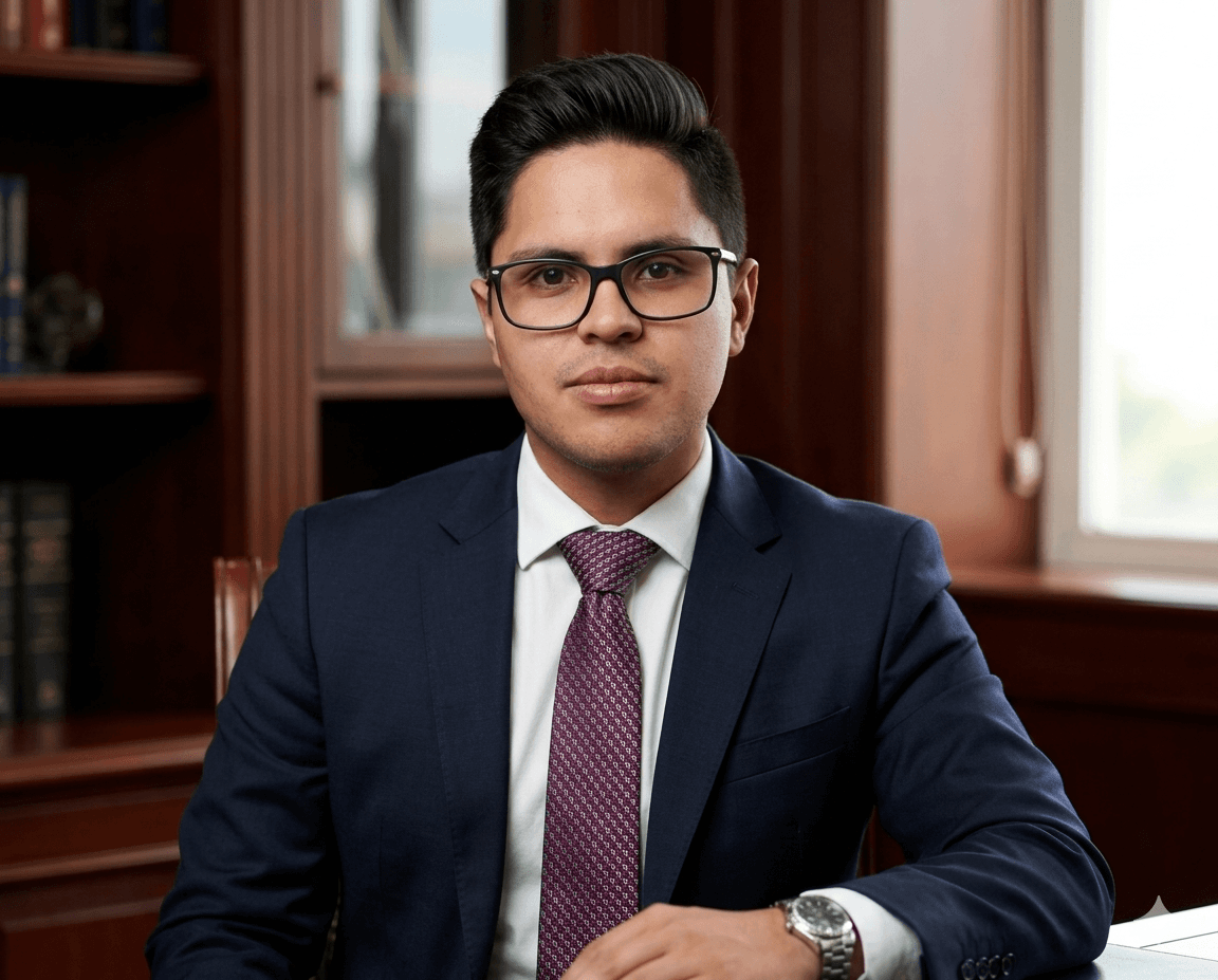 Hombre joven con gafas y traje azul sentado en una oficina con estanterías de madera.