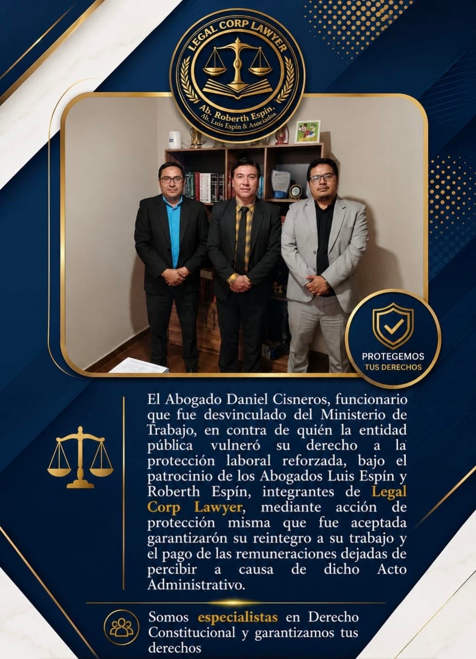 Tres abogados de traje posan en una oficina para un anuncio de Legal Corp Lawyer.