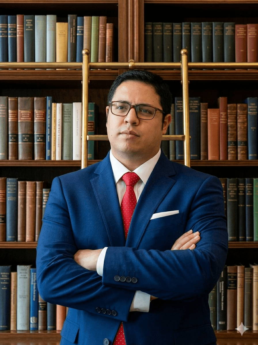 Hombre con gafas y traje azul posa con brazos cruzados ante una estantería de libros.